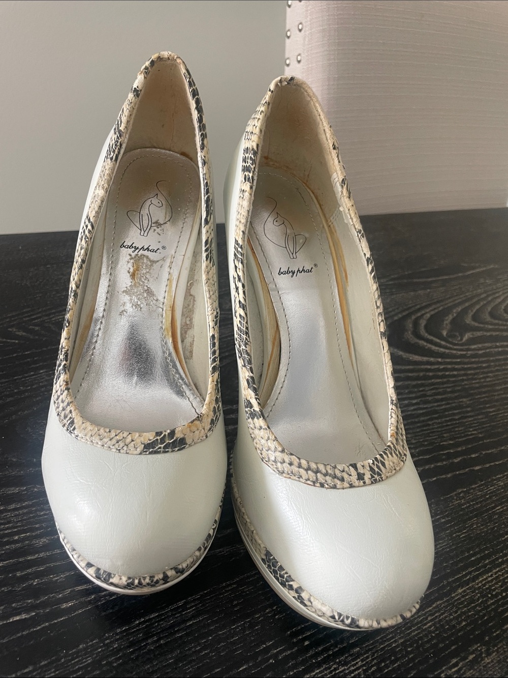 Baby Phat Cream Pumps with Snake-Print Trim